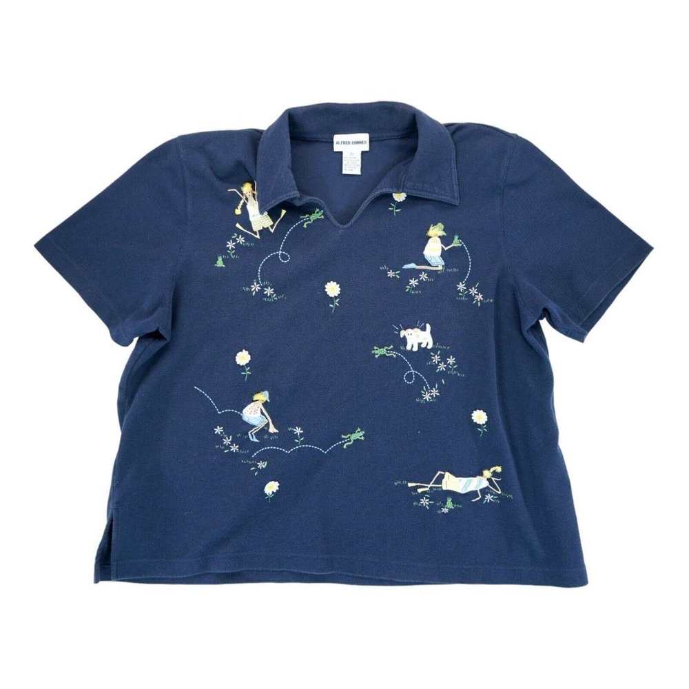 Alfred Dunner Shirt Women's 2X Blue Kids/Dog/Frog Embroidered Top Shoulder‎ Pads
